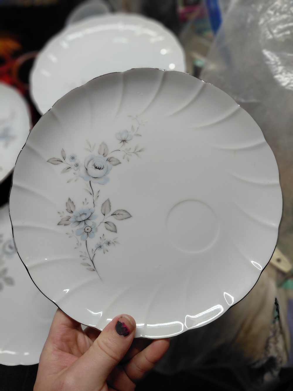 Laurel  461 Blue Rose Fine Bone China Silver Rim Bowl Indented Dinner Plate X1